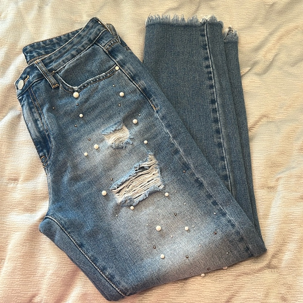 Cropped Redial Jeans for Moda Size 38 with Pearl & Pewter Embellishments